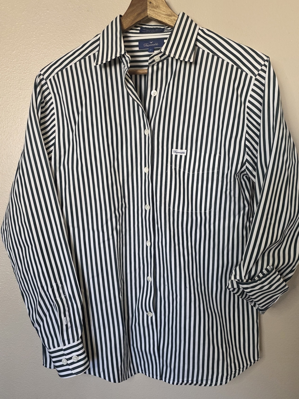 Faconnable Women's Green & White Vertical Stripe Dress Shirt Like New